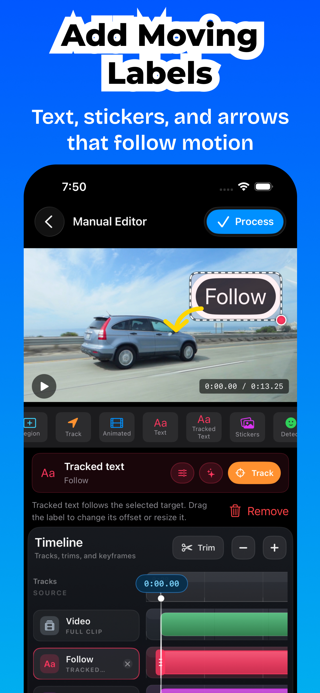 Add moving labels — tracked text, stickers and arrows that follow motion